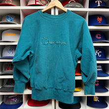 Load image into Gallery viewer, Vintage Champion Turqoise Spellout Reverse Weave Crewneck S/M